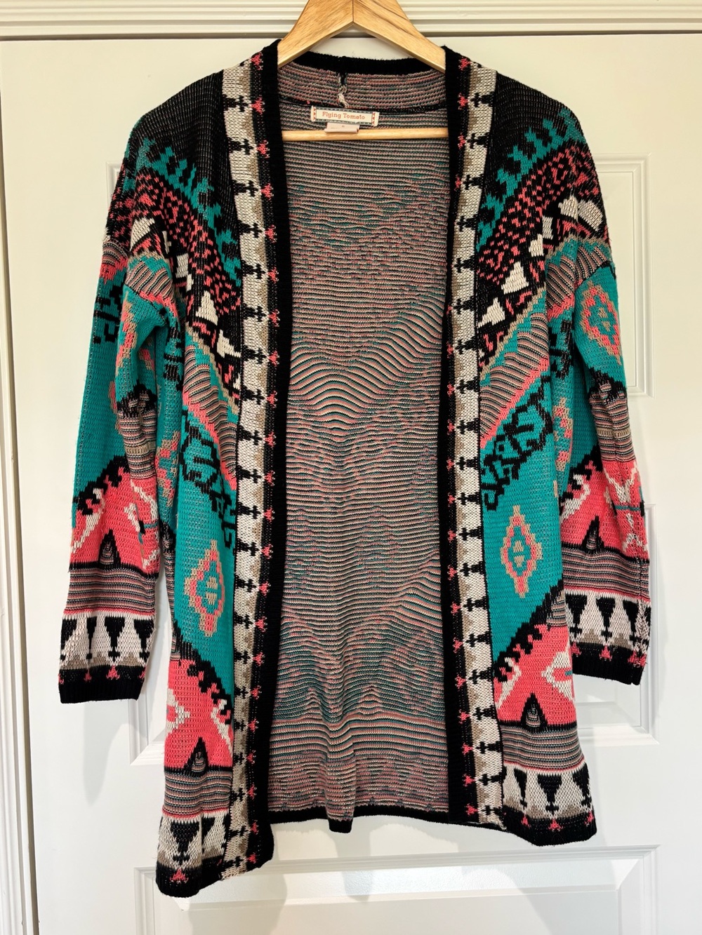 Flying Tomato S Open Sweater Cardigan Southwestern Boho Aztec Turquoise Coral - Picture 2 of 9